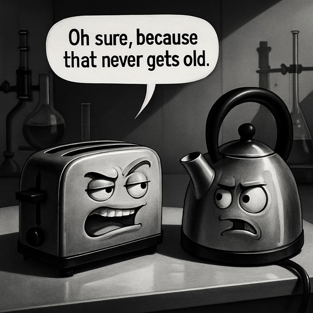 A toaster with an angry expression and a kettle with an angry expression on its face, saying, "Oh sure, because that never...