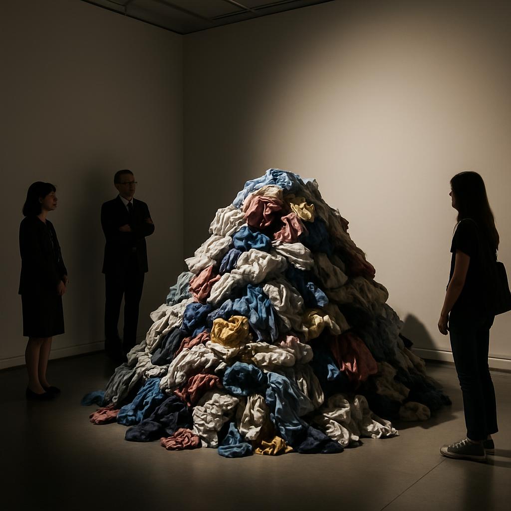 A large mound of crumpled, stained clothes, with people standing around it in an art gallery.