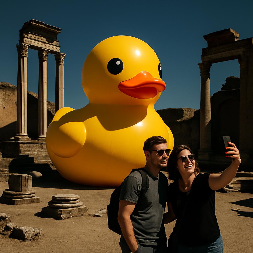A giant yellow rubber duck with a human-like face takes a selfie with two people in front of ancient Roman ruins.