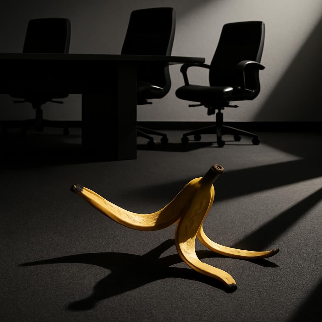 a black-leather-padded, rolling office chair (in the background) next to a dark, empty conference table in what appears to...