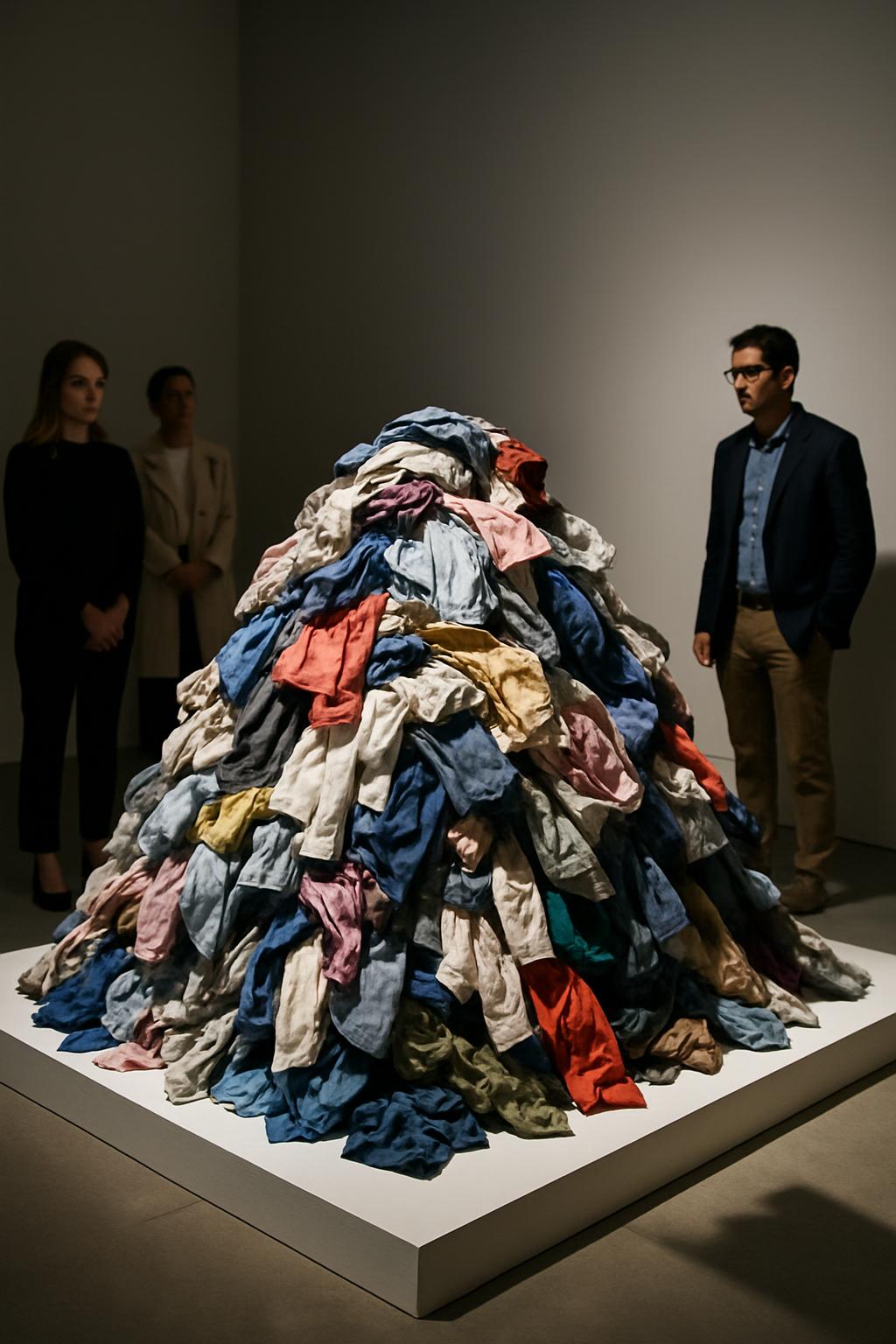 A person is standing behind stacks of lounge pants, with the majority in earth tones and pale colors, while a group of peo...