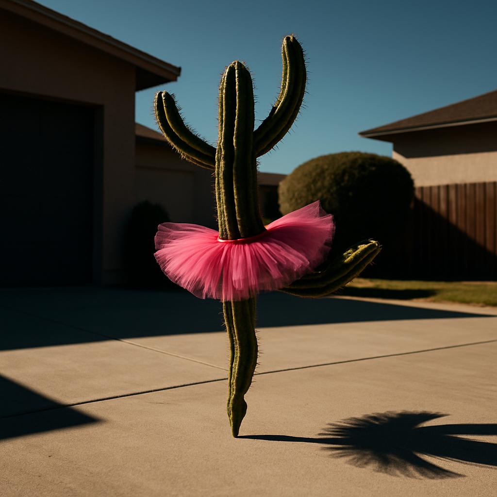 cactus in pink tutu, surreal scene outside suburban home.