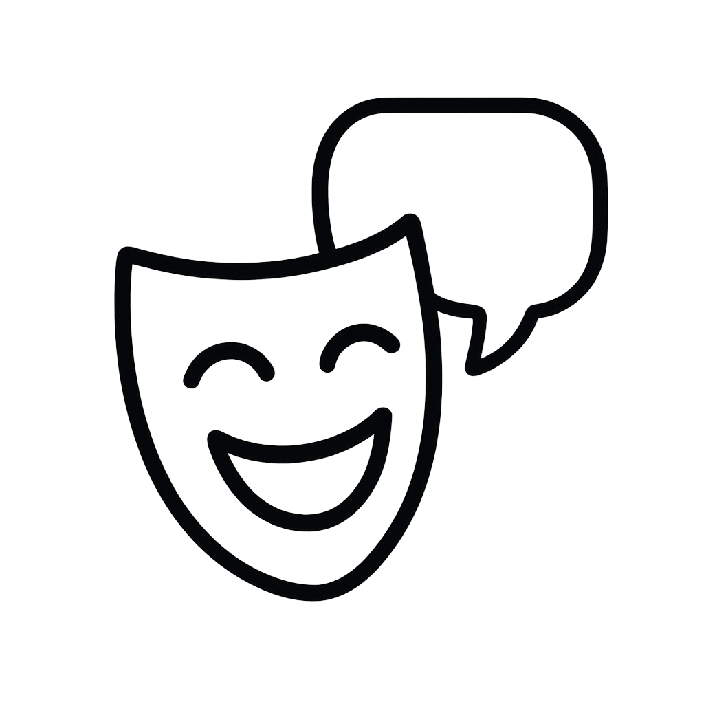 A black and white illustration of a comedy/tragedy mask, commonly known as a """Theater Mask""", with a large speech bubbl...